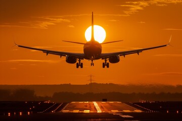 Fototapeta na wymiar Airplane landing at sunset with the sun directly behind it.
