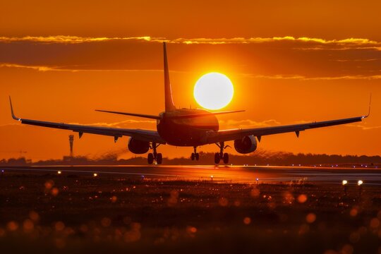 Airplane landing at sunset with the sun directly behind it. © ParinApril