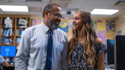 Two multiracial teachers chat while walking through a computer lab.