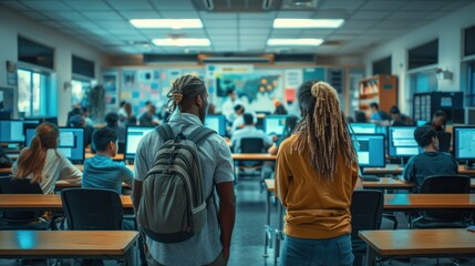 Two multiracial teachers chat while walking through a computer lab. - obrazy, fototapety, plakaty