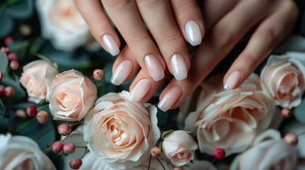 Fotobehang Schoonheidssalon Female hand with beautiful neutral colored manicure. Beautiful bridal gel manicure on nails on background with roses.e
