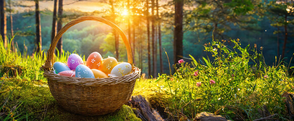 Panier en osier rempli avec des œufs de Pâques décorés dans une forêt au lever du soleil. - obrazy, fototapety, plakaty