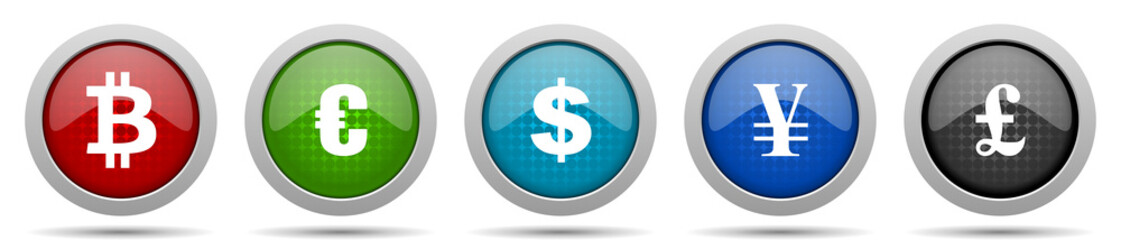 Currency icons, miscellaneous buttons such as bitcoin, euro, dollar, yen and pound, circle glossy web icon collection