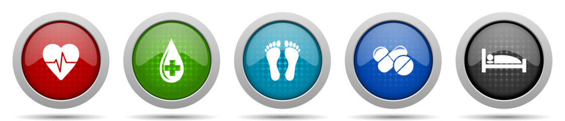 Hospital icons, miscellaneous buttons such as heart pulse, blood donation, footprint, drugs and bed, circle glossy web icon collection