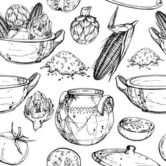 Hand drawn ink vector illustration, cooking pot ceramics vegetable stew maize corn quinoa, south american cuisine Seamless pattern isolated white background. Design travel, vacation, brochure, print