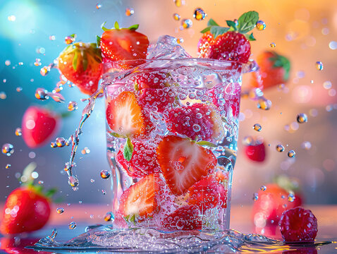 Delicious water photography, explosion flavors, studio lighting, studio background, well-lit, vibrant colors, sharp-focus, high-quality, artistic, unique, award-winning photograph