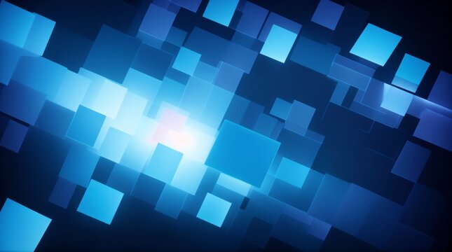 Dreamy blue squares illuminate a dark digital composition