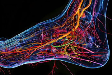 Mri of intricate network of nerves and blood vessels within the sole of the foot, showcasing the complexity of the foot's vascular and nervous system.