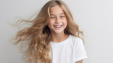 Smiling teenage girl in a white T-shirt on a white background mockup. Childhood lifestyle concept. Mockup copy space. Scandinavian girl model