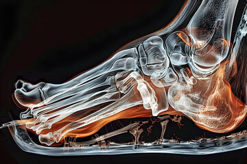 Creative MRI image showing a cross-sectional view of the sole of a human foot, detailing the complex layers of muscles, tendons, and bones. - obrazy, fototapety, plakaty