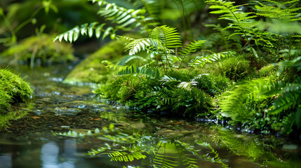 Obraz na płótnie Canvas A close-up of a delicate ecosystem within the forest, showcasing a variety of green plants, from broad-leafed ferns to intricate mosses, thriving around a crystal-clear stream. Green forest,earth day.
