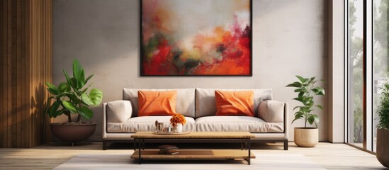 The living room is furnished with various pieces of furniture, including a comfortable sofa. On one of the walls, a painting hangs, adding color and interest to the room.