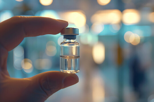 A healthcare worker's hand clutching a small, clear vaccine vial tightly, with a blurred cityscape at dawn in the background. Discover new vaccines. 