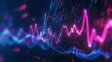 Illustration of a depiction of a modern cardiac monitor screen displaying detailed heart beating blue and pink waves against a dark background. - obrazy, fototapety, plakaty
