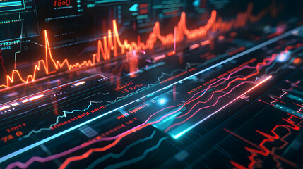 A futuristic interface displaying heart beating waves in a holographic projection, with interactive data points floating around the waves.