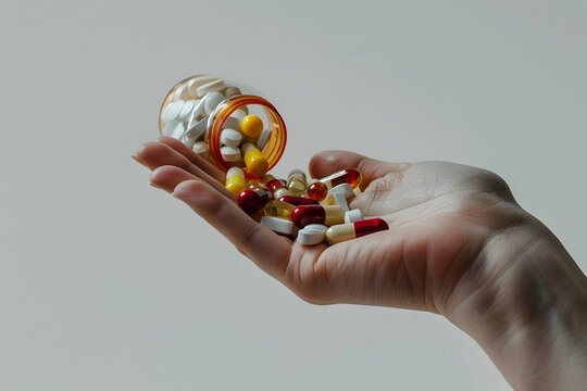 An assortment of antiviral depression pills spilling from an open bottle onto a person's palm.