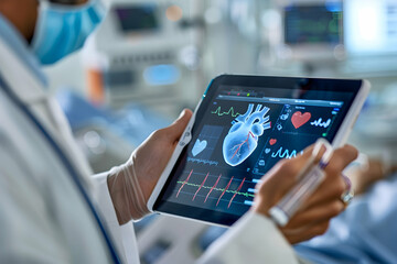 A close-up of a heart monitoring device attached to a patient's chest, with a doctor reviewing the real-time data transmitted to a tablet computer. - obrazy, fototapety, plakaty