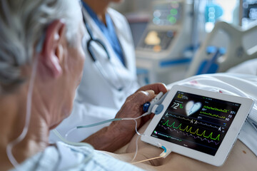 A close-up of a heart monitoring device attached to a patient's chest, with a doctor reviewing the real-time data transmitted to a tablet computer. - obrazy, fototapety, plakaty