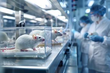 A group of laboratory mice, each in its own sophisticated glass enclosure, on a clean, stainless steel table in a high-tech research facility.  - obrazy, fototapety, plakaty