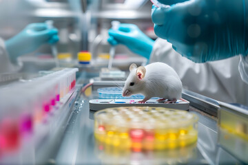 A focused scene inside a biosafety cabinet, where a white laboratory mouse sits calmly in a glass enclosure, surrounded by pipettes, petri dishes, and test tubes containing colorful solutions.