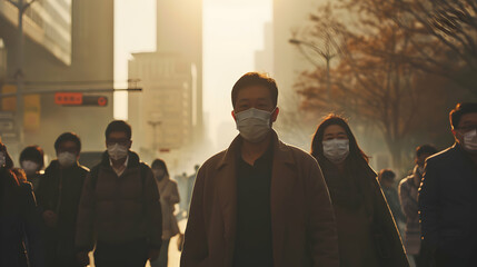 A group of people wearing protective masks against PM 2.5 pollution, walking through a densely polluted city street. - obrazy, fototapety, plakaty