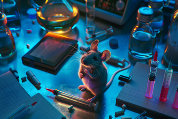 A small mouse sits alert in a sterile laboratory environment, surrounded by scientific instruments and vaccine trial equipment.