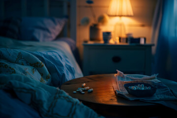 An intimate bedside scene at night, featuring a pill bottle of antidepressants illuminated by the gentle glow of a nightstand lamp. - obrazy, fototapety, plakaty