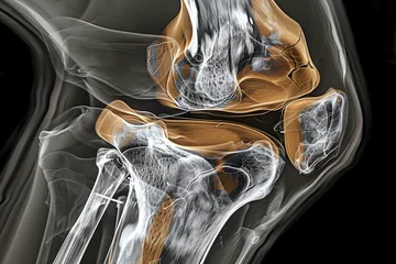 Fotobehang MRI image of a sagittal view of the human knee, showing the femur, tibia, fibula, and the spaces between them where the menisci and cruciate ligaments are located. © Wanlaya