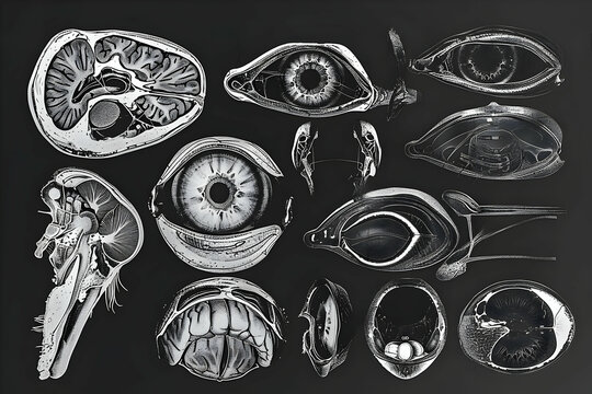  illustration various angles of the human eye, including axial, sagittal, and coronal sections. Each section reveals different aspects of the eye's anatomy.