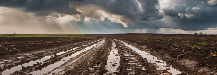 Dirt mud road and puddles on a plowed field after rain in bad weather. Agricultural field. Banner slider horizontal template.