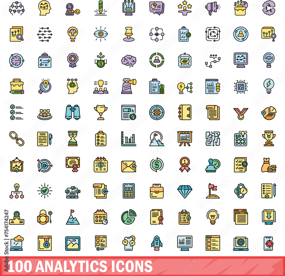 Poster 100 analytics icons set. color line set of analytics vector icons thin line color flat on white