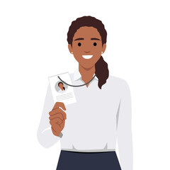 Positive woman shows badge with photo of personal data. Flat vector illustration isolated on white background