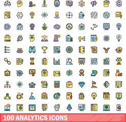 100 analytics icons set. Color line set of analytics vector icons thin line color flat on white