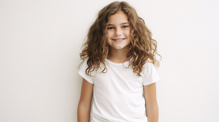 Fototapeta premium Smiling teenage girl in a white T-shirt on a white background mockup. Childhood lifestyle concept. Mockup&nbsp;copy&nbsp;space
