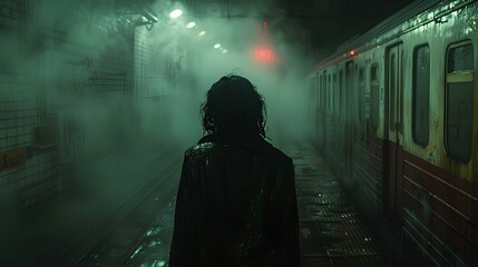 A woman with black hair and a black coat walking alone inside a smoky old, shady, dreary and grotesque subway station. cinematic movie scene, insane atmosphere. generative AI - obrazy, fototapety, plakaty