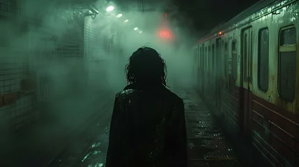 Fototapeten A woman with black hair and a black coat walking alone inside a smoky old, shady, dreary and grotesque subway station. cinematic movie scene, insane atmosphere. generative AI © yj
