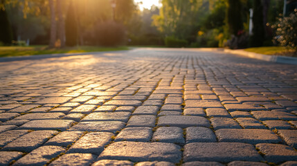 Sunlit cobblestone path in a park. - obrazy, fototapety, plakaty