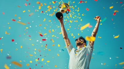 Joyful man with trophy amidst confetti.
