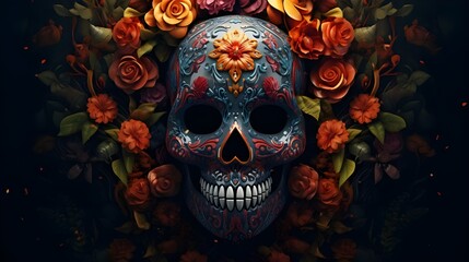 Day of the Dead Mexican Skeleton head dark horror background

