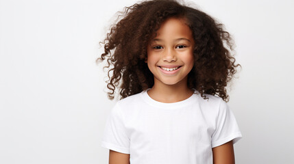 Smiling teenage girl in a white T-shirt on a white background mockup. Childhood lifestyle concept. Mockup copy space. African girl model - Powered by Adobe
