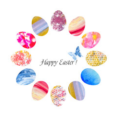 Easter eggs in a circle. Set of watercolor easter eggs. Different colorful eggs. Set of Easter eggs with different textures on a white background. Spring holiday.