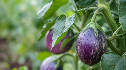 Eggplants with dew on vibrant green leaves.