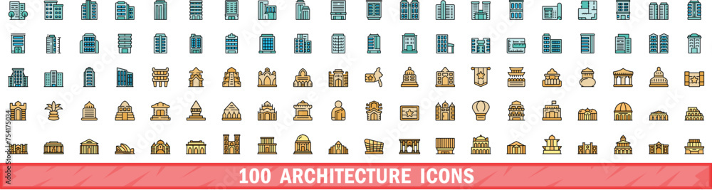 Poster 100 architecture icons set. color line set of architecture vector icons thin line color flat on whit