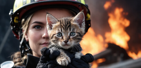 Portrait of a female firefighter holding a cat in her arms. fire in the background