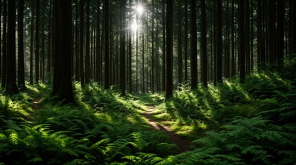 Glittering sunlight streaming in lush forest accentuating trail lined with towering trees and ferns 