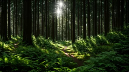Zelfklevend Fotobehang Glittering sunlight streaming in lush forest accentuating trail lined with towering trees and ferns  © Fred