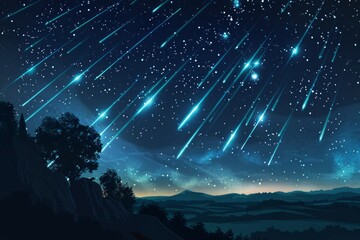 Illustration of a meteor shower over a nighttime landscape.