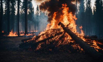Forest fire in the forest. Burning pine trees in the forest.