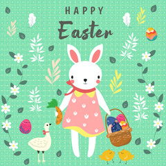 Fototapeta premium Happy easter with cut cartoon rabbit and flowers social media post template