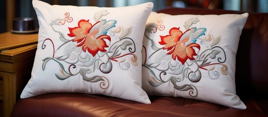 Two white decorative pillows with intricate embroidery patterns resting on a luxurious brown leather couch.